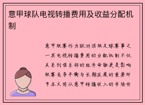 意甲球队电视转播费用及收益分配机制