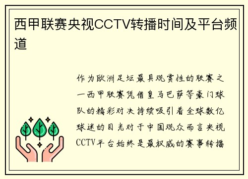 西甲联赛央视CCTV转播时间及平台频道